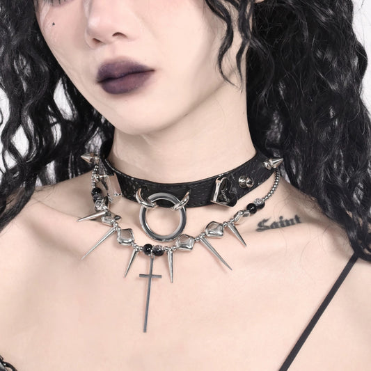 Gothic Punk Black Choker with Spikes & Cross Pendant
