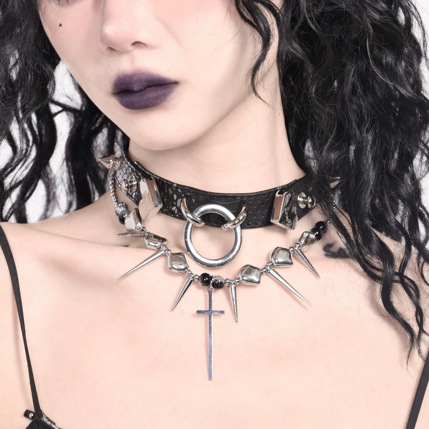 Gothic Punk Black Choker with Spikes & Cross Pendant