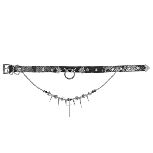 Gothic Punk Black Choker with Spikes & Cross Pendant