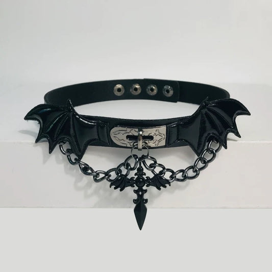 Gothic Lolita Demon Wing & Cross Pendant Leather Choker Necklace