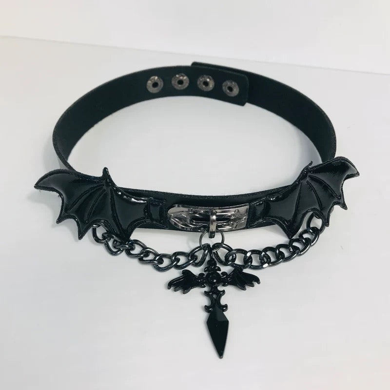 Gothic Lolita Demon Wing & Cross Pendant Leather Choker Necklace