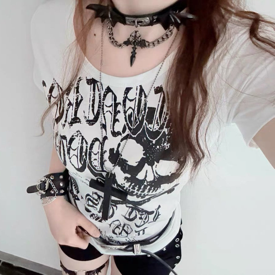 Gothic Lolita Demon Wing & Cross Pendant Leather Choker Necklace