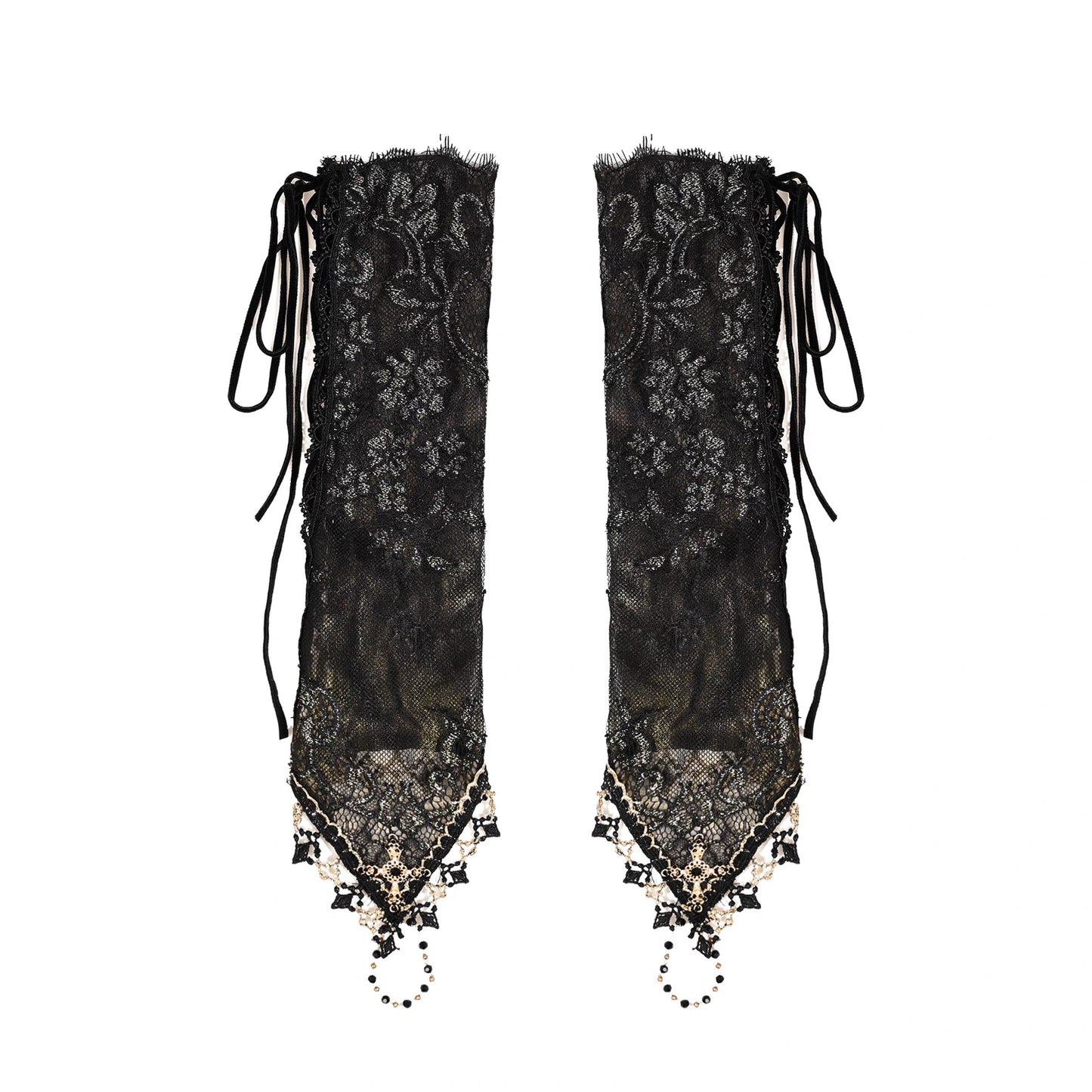 Rizznova Gothic Double-Layer Lace Cross Fingerless Gloves with Adjustable Straps