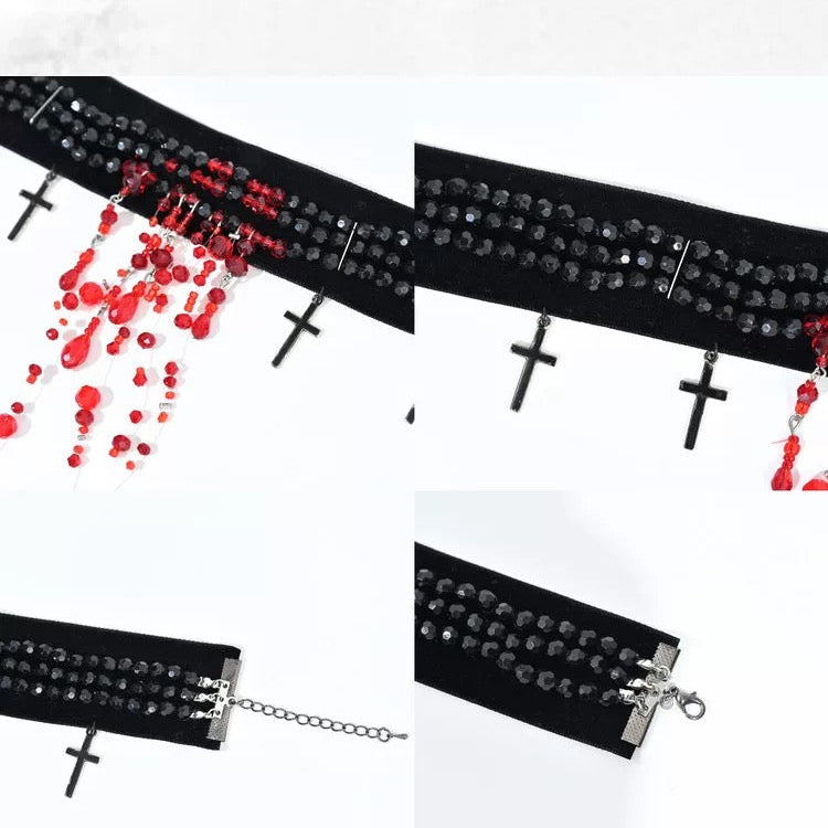 Rizznova Gothic Velvet Pearl Tassel Cross Choker Necklace