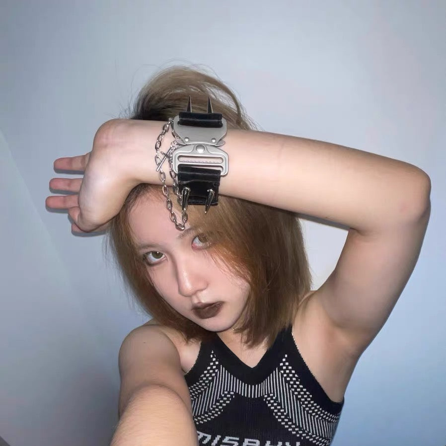 Rizznova Gothic Punk PU Leather Wristband with Metal Chains & Studs