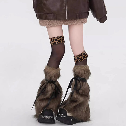 Y2K Furry Knit Leg Warmers – Camel