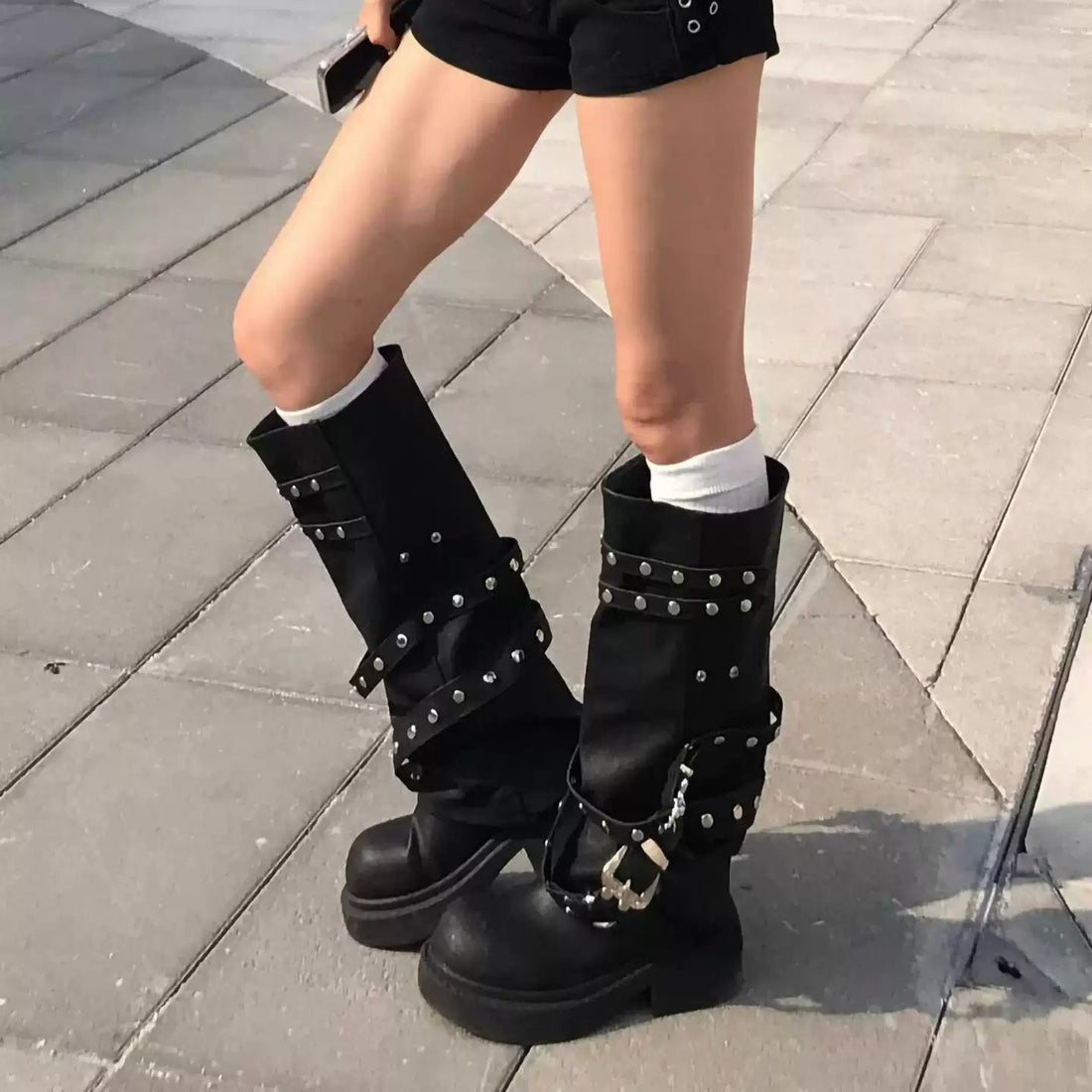 Studded Slouch Platform Rider Boots detail view