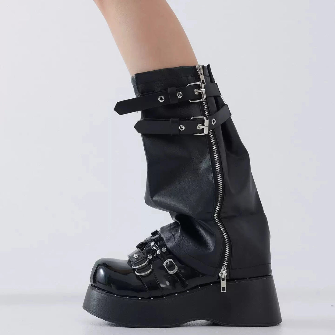 Black Zip Faux-Leather Flared Leg Warmers detail view
