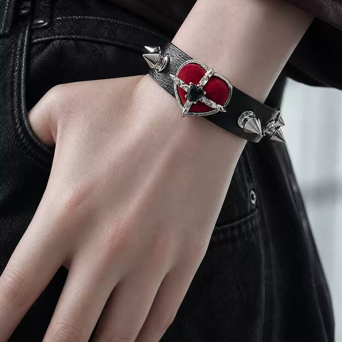 Blood-Red Heart Stud Leather Bracelet alternative model view