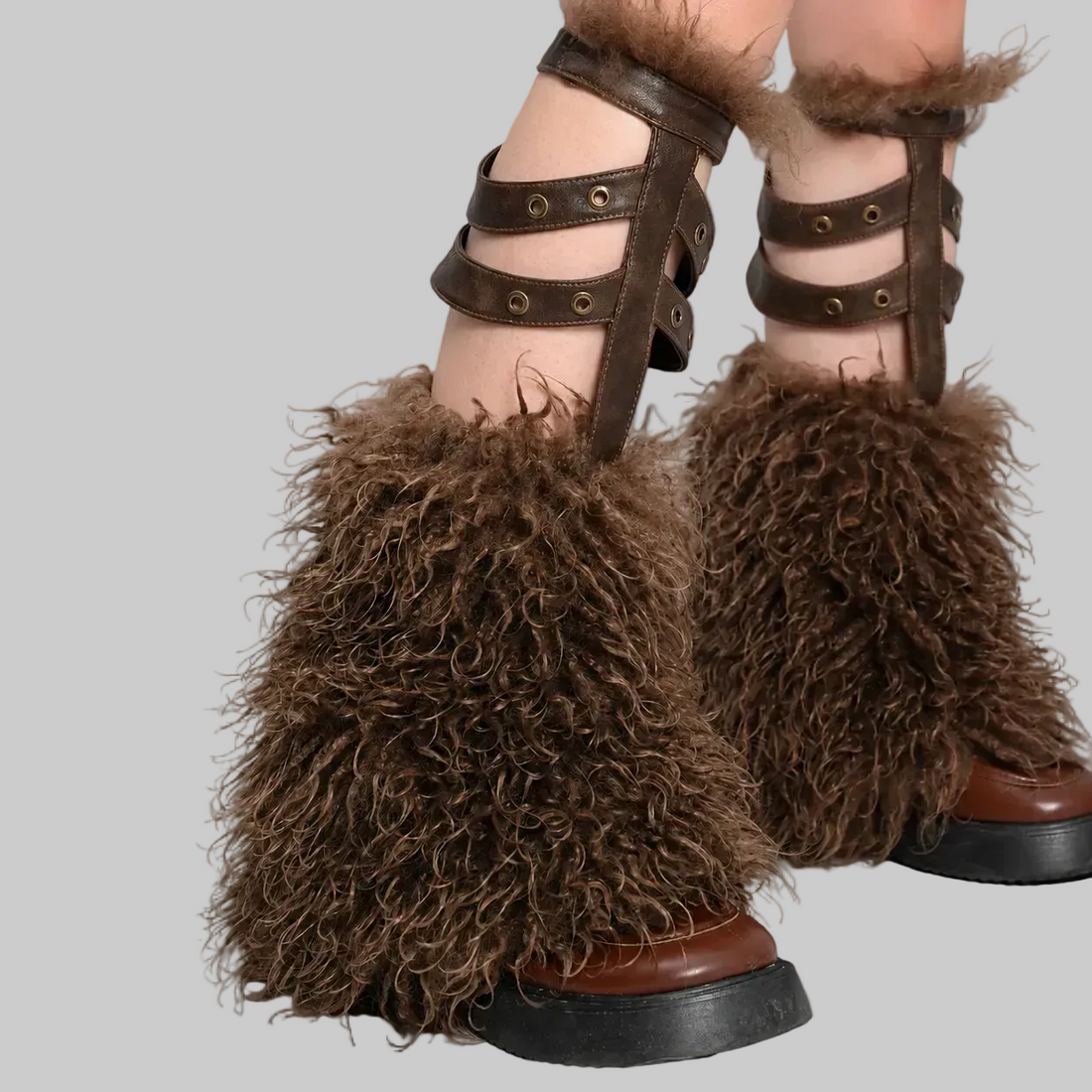 Deep Brown Faux-Fur Leg Warmers back closure view