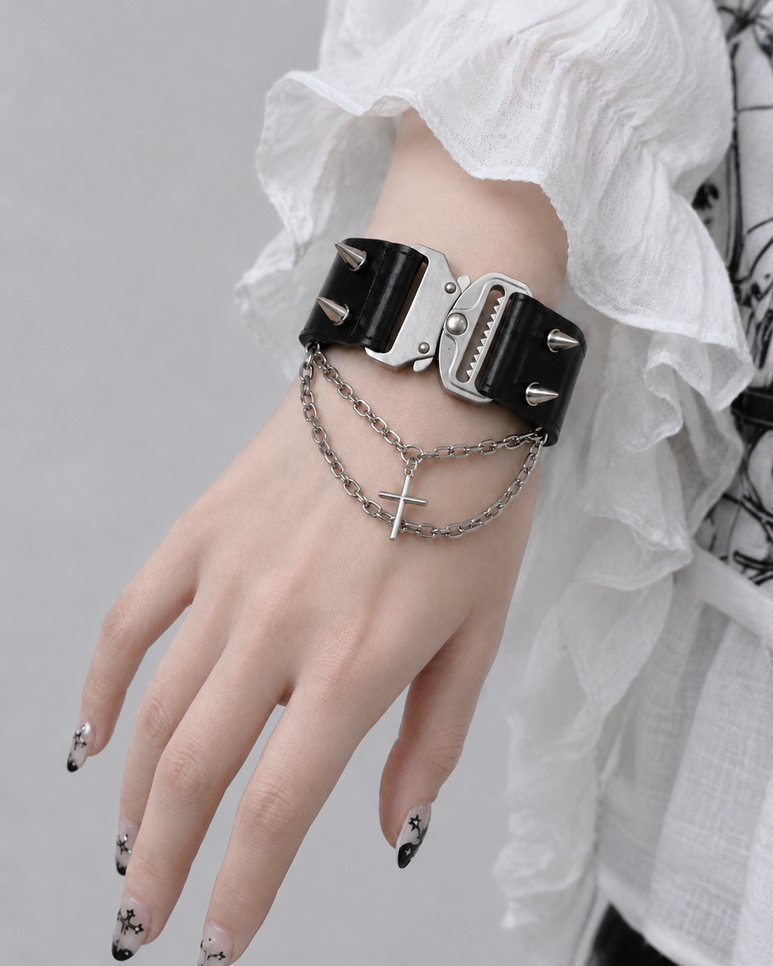 Studded Chain Faux-Leather Wrist Cuff front view