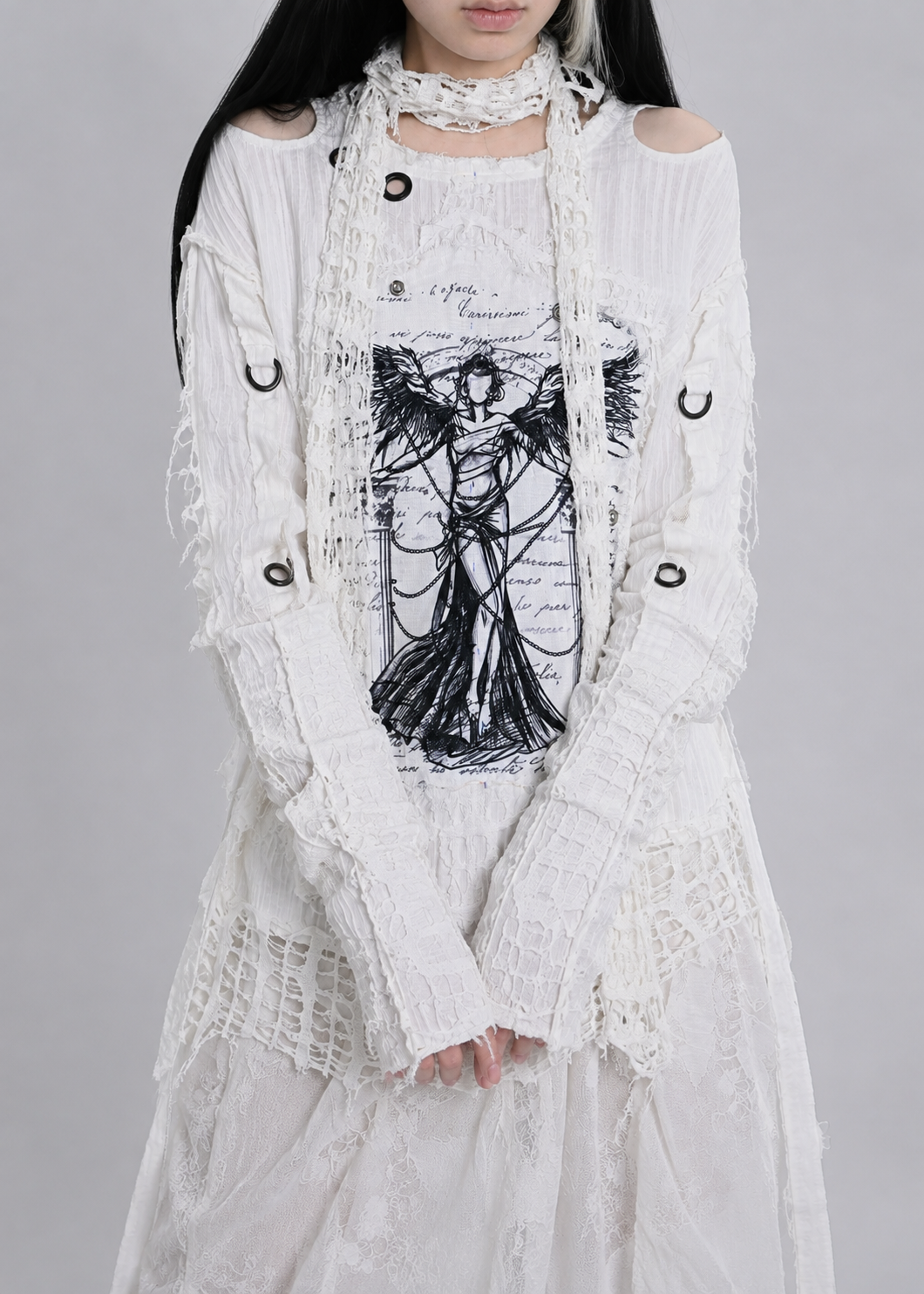 White Distressed Knit Hood Scarf back closure view