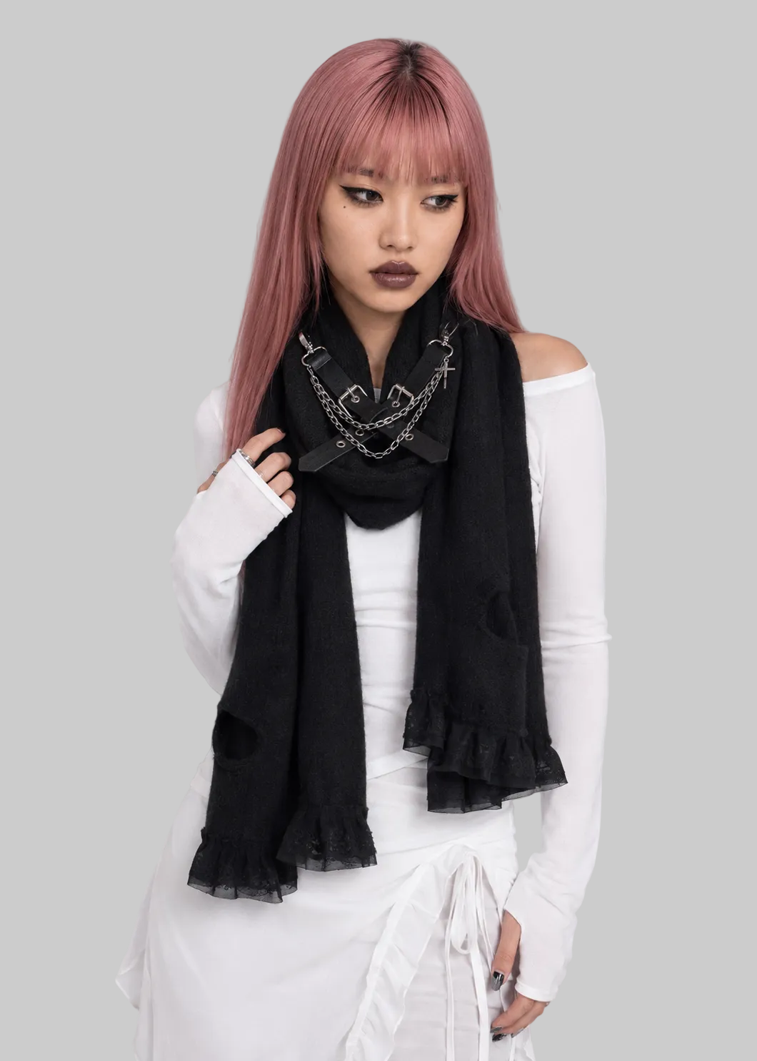 Black Distressed Open-Knit Hood Scarf detail view