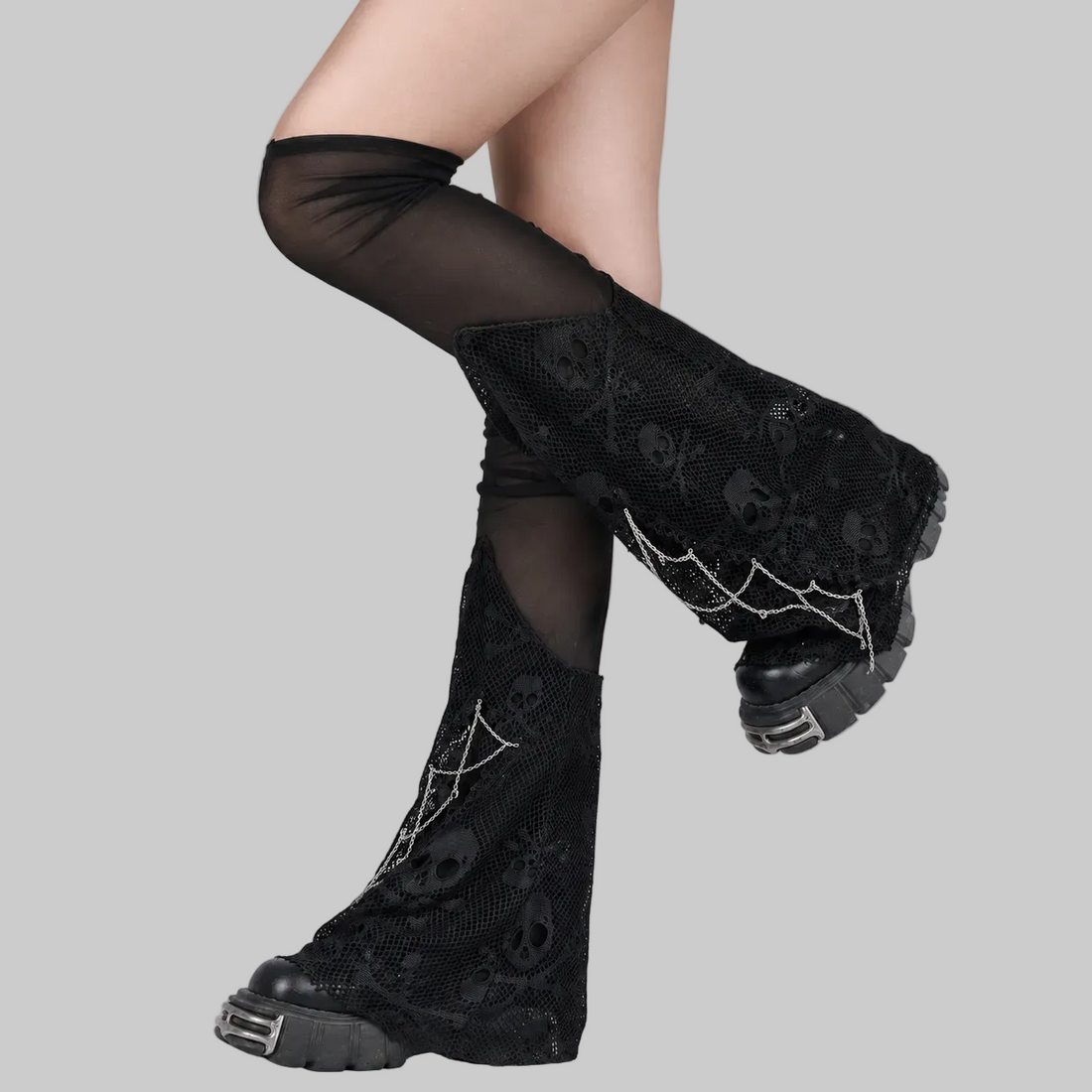 Skull Mesh Over-Knee Leg Warmers back closure view