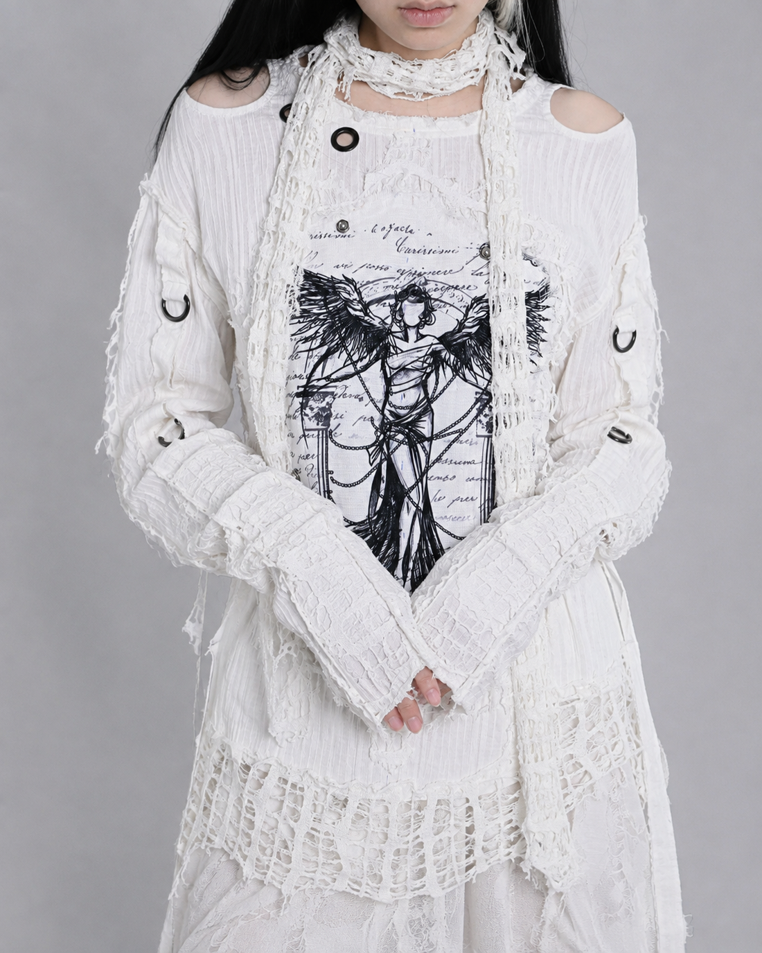 White Distressed Knit Hood Scarf alternative model view
