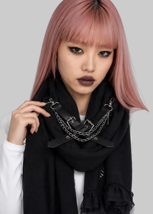 Black Distressed Open-Knit Hood Scarf
