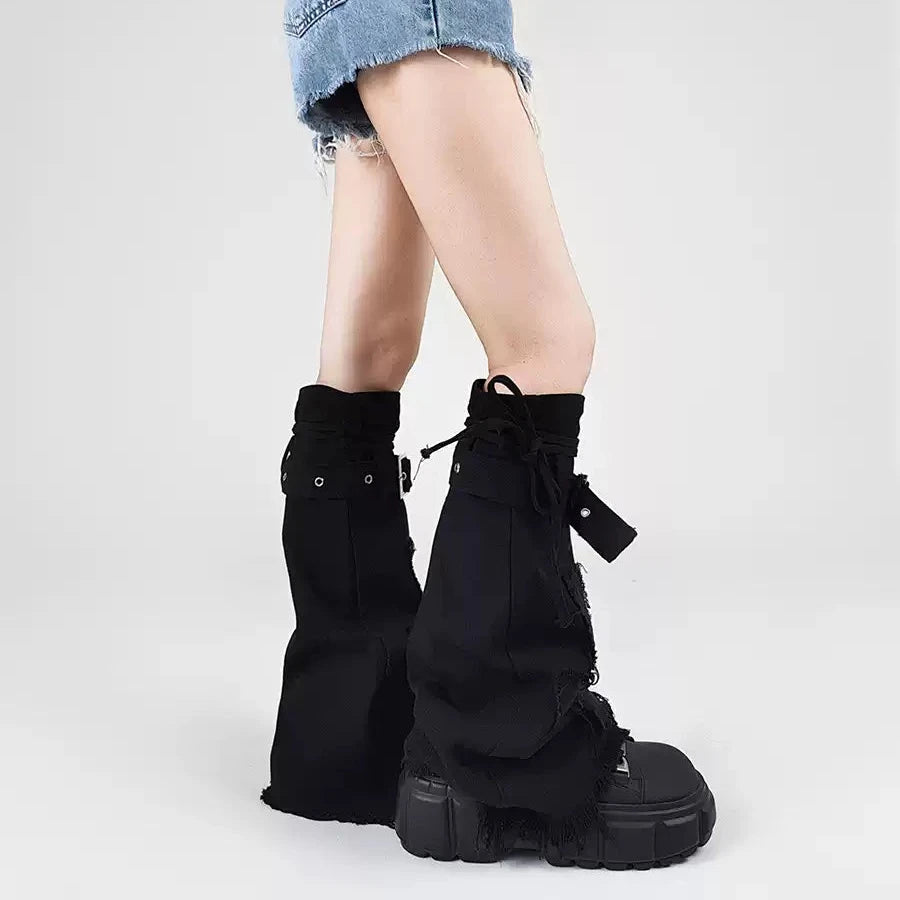 Black Cross Buckle Denim Leg Warmers product image 2