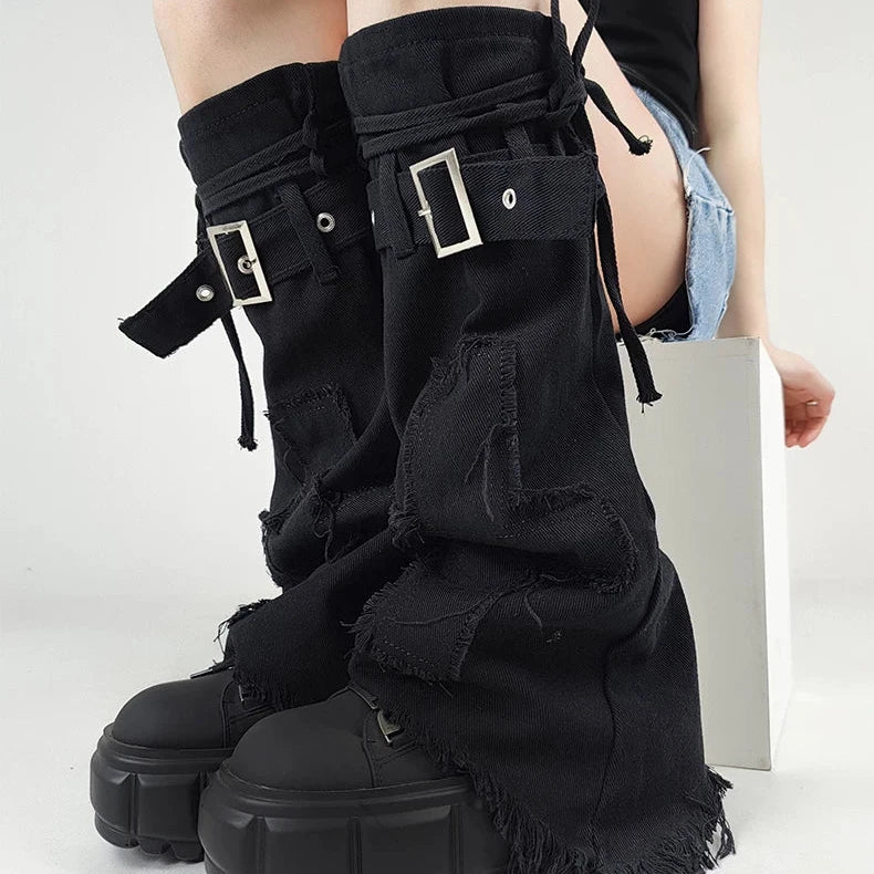 Black Cross Buckle Denim Leg Warmers product image 6