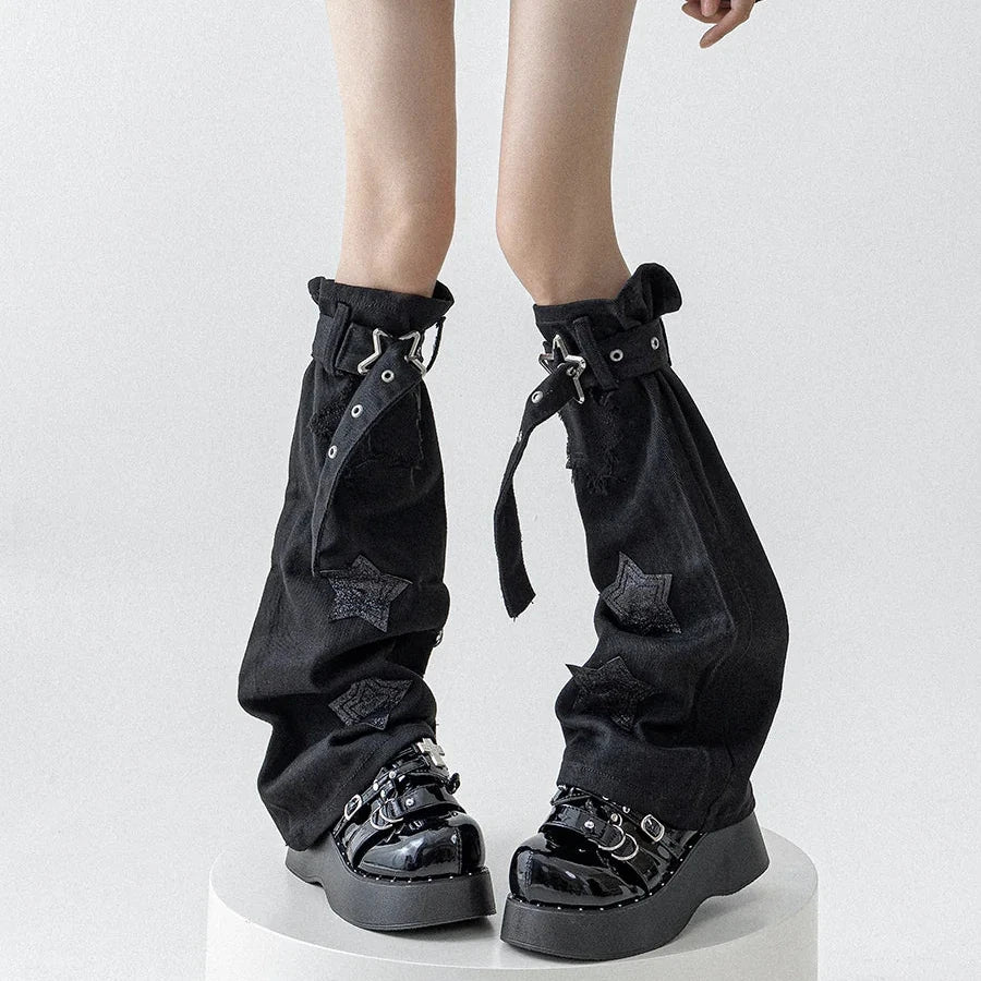 Star-Buckle Denim Slouch Leg Warmers alternative model view