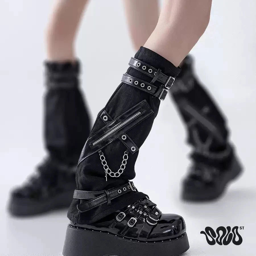 Black Zip Buckle Denim Leg Warmers product image 8