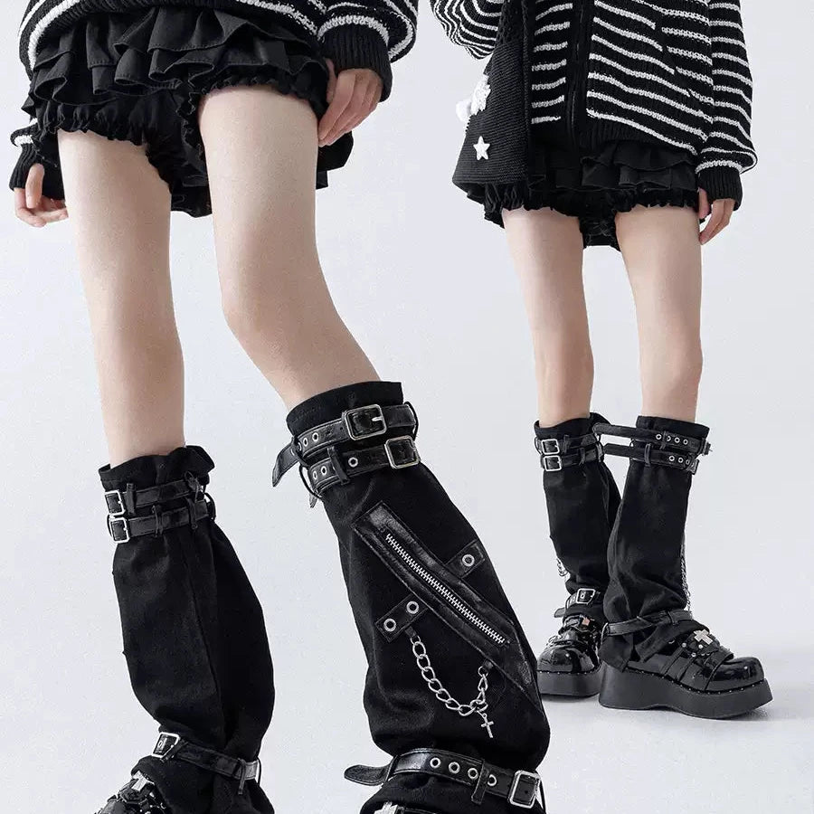 Black Zip Buckle Denim Leg Warmers product image 7