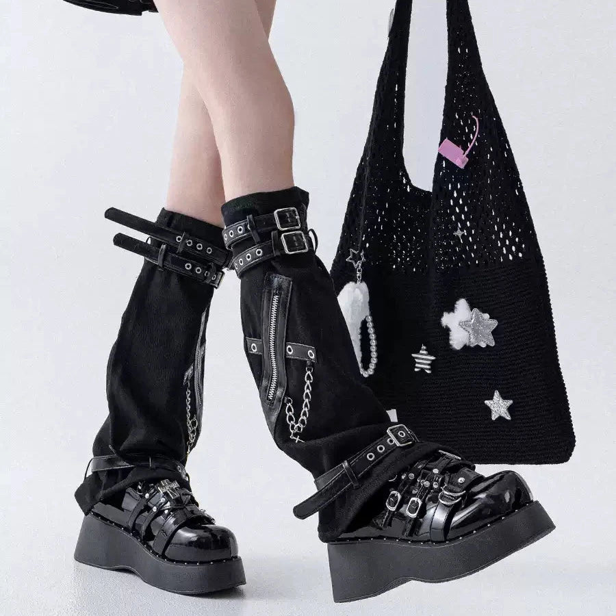 Black Zip Buckle Denim Leg Warmers alternative model view