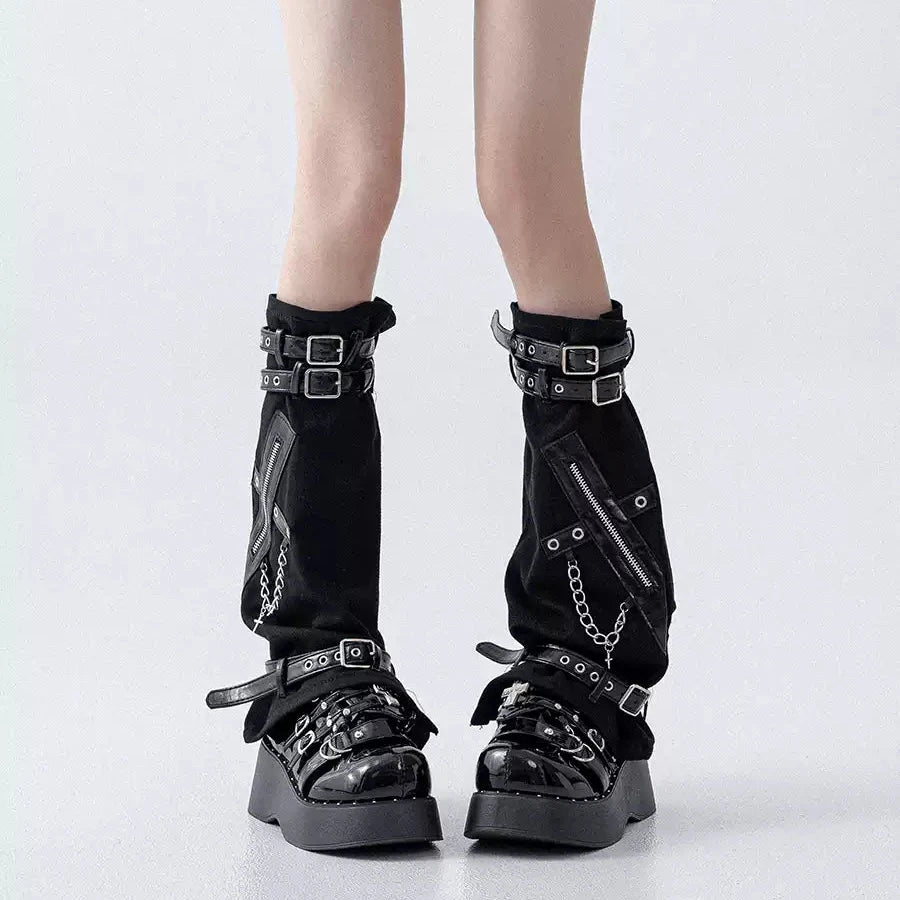 Black Zip Buckle Denim Leg Warmers product image 1