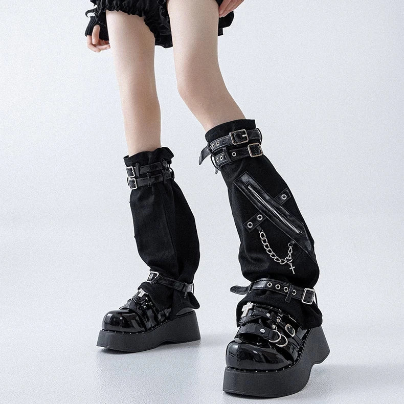 Black Zip Buckle Denim Leg Warmers product image 3