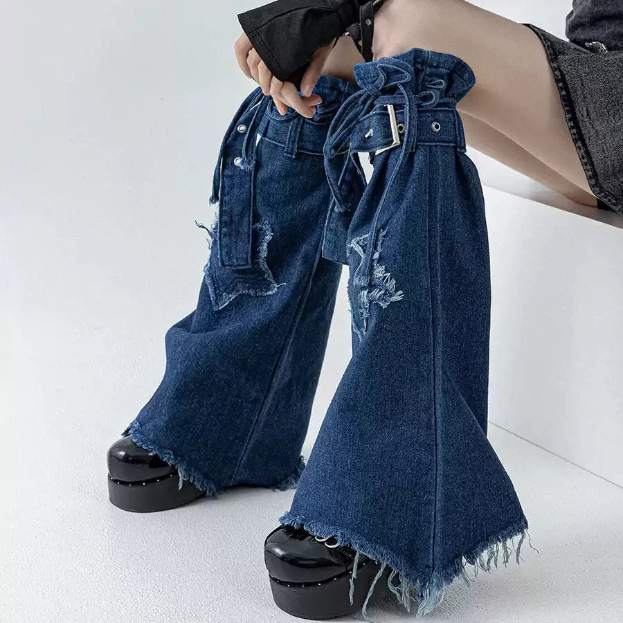 Star-Strap Denim Flared Leg Warmers front view