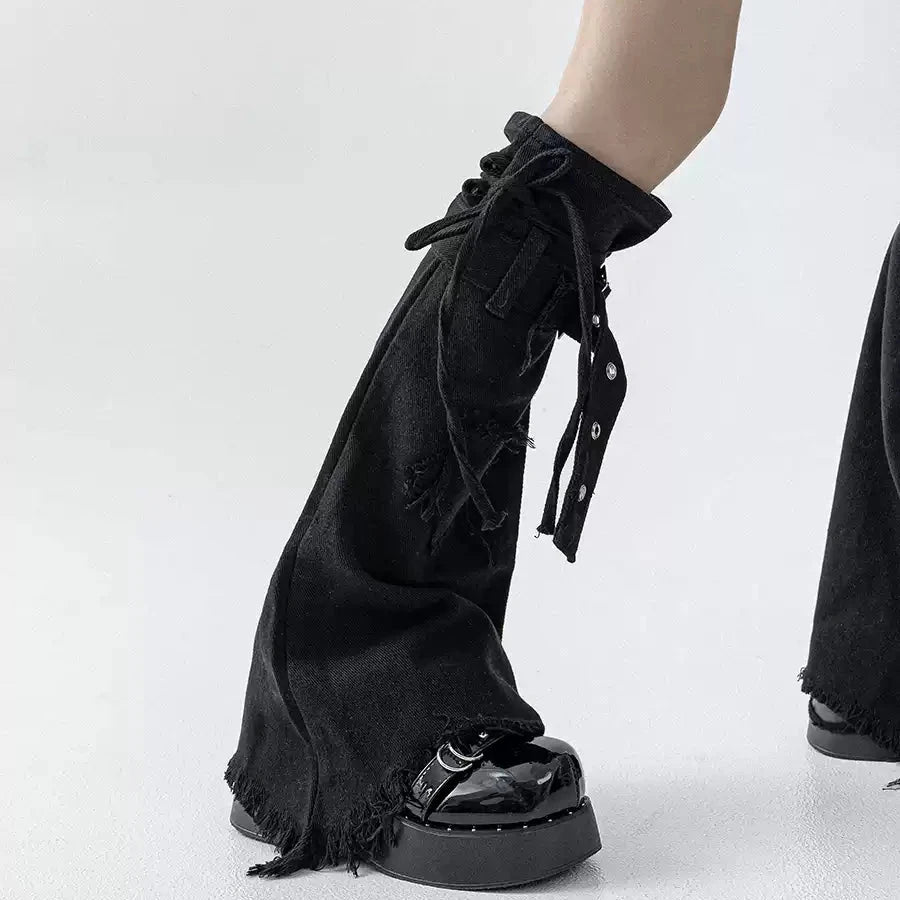 Star-Strap Denim Flared Leg Warmers back closure view