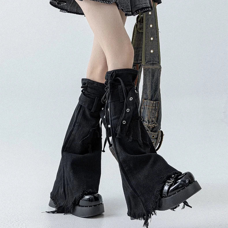 Star-Strap Denim Flared Leg Warmers alternate worn view