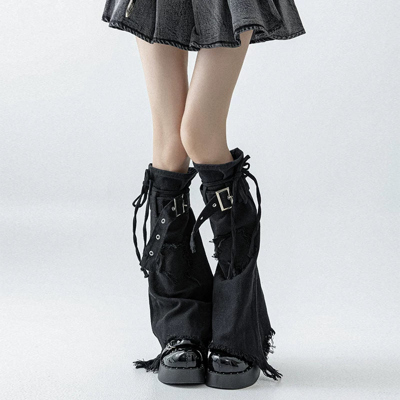 Star-Strap Denim Flared Leg Warmers alternative model view