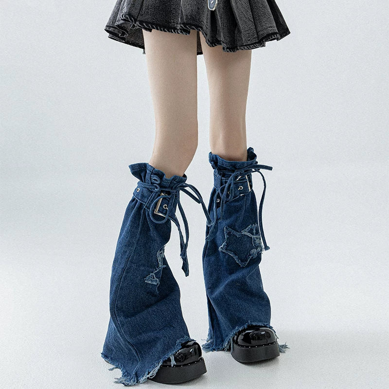 Star-Strap Denim Flared Leg Warmers detail view