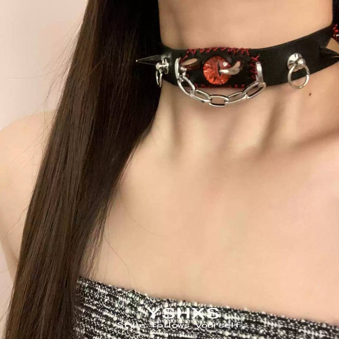 Devil Eye Leather Gothic Choker front view