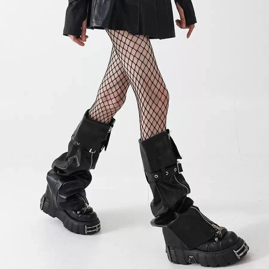 Black Zip Buckle PU Leg Warmers front view
