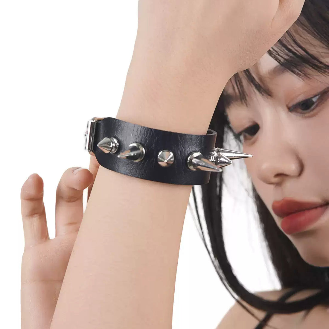 Conical Spike Leather Punk Cuff back closure view