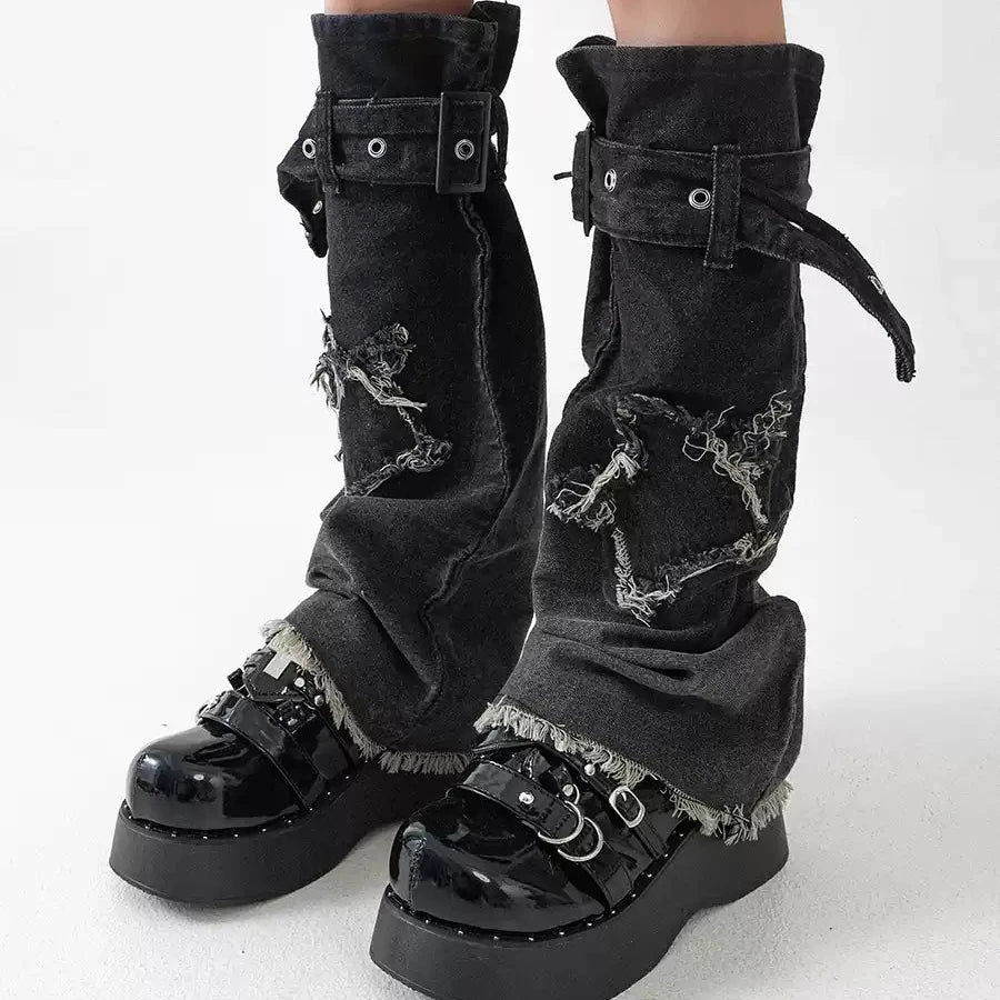 Vintage Grey Denim Buckle Leg Warmers alternative model view