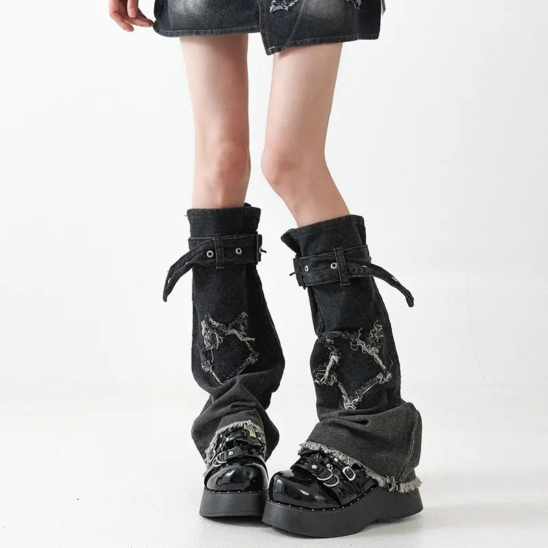 Vintage Grey Denim Buckle Leg Warmers front view
