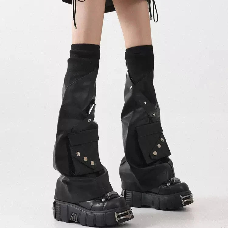 Black Utility Pocket PU Leg Warmers front view