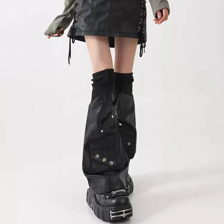 Black Utility Pocket PU Leg Warmers back closure view