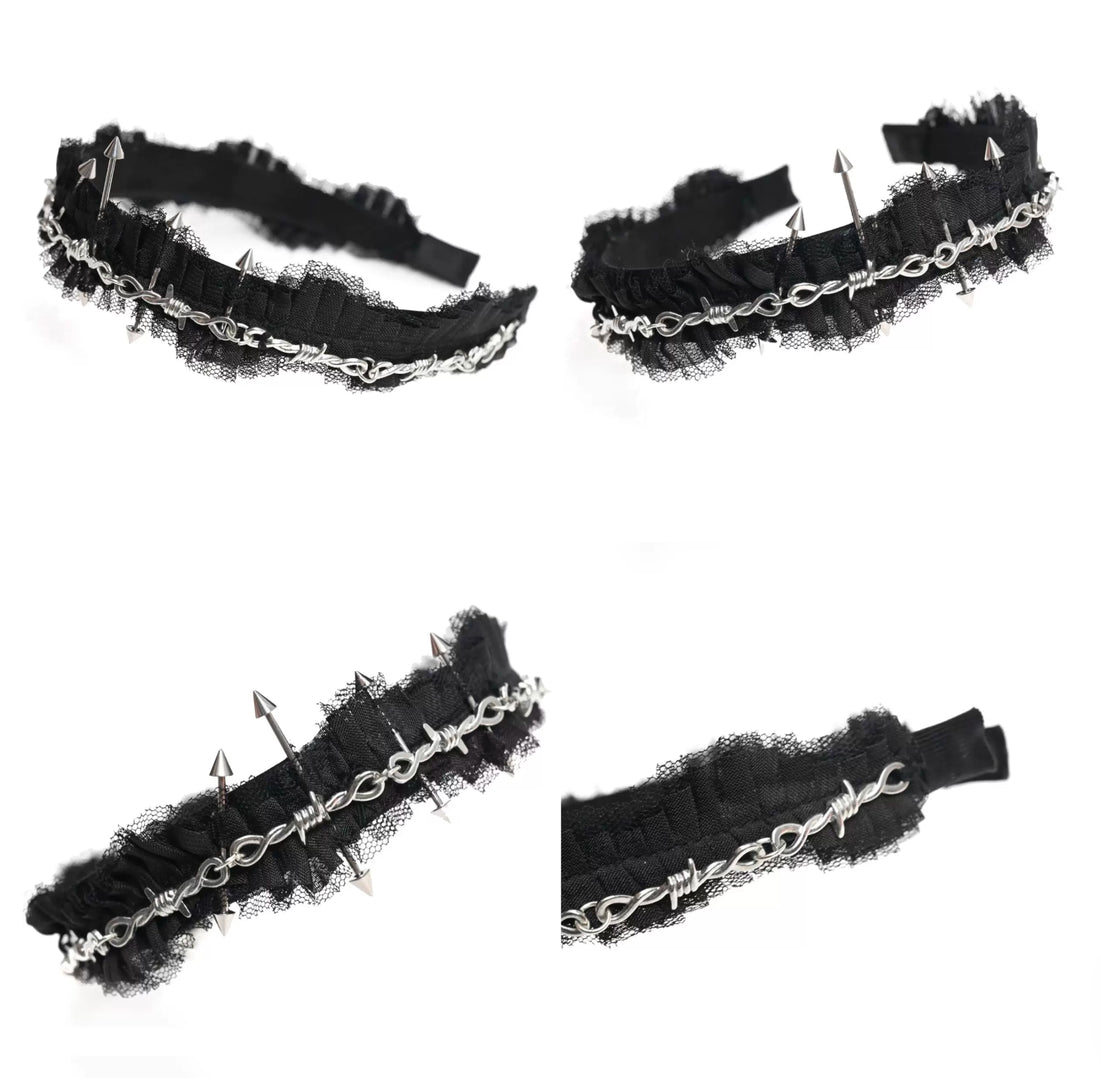 Black Pleated Thorn Headband back closure view