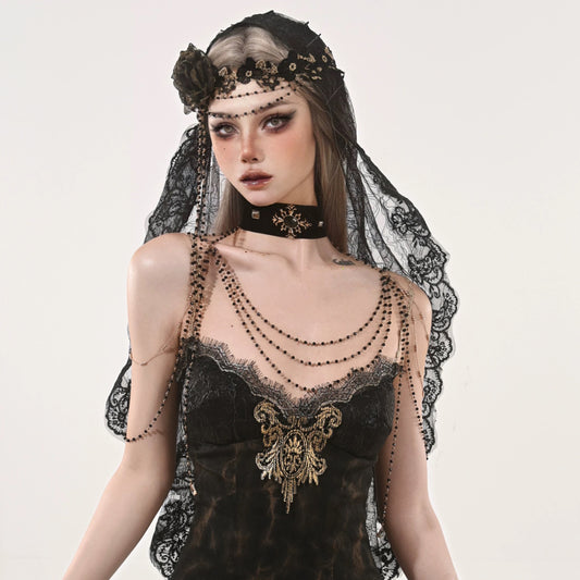 Rizznova Gothic Lace Mesh Veil Headpiece with Floral Design