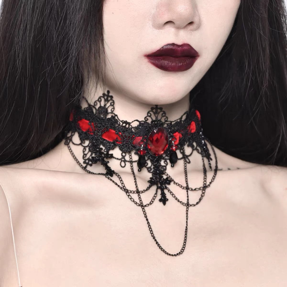 Black Red Gothic Velvet Cross Choker