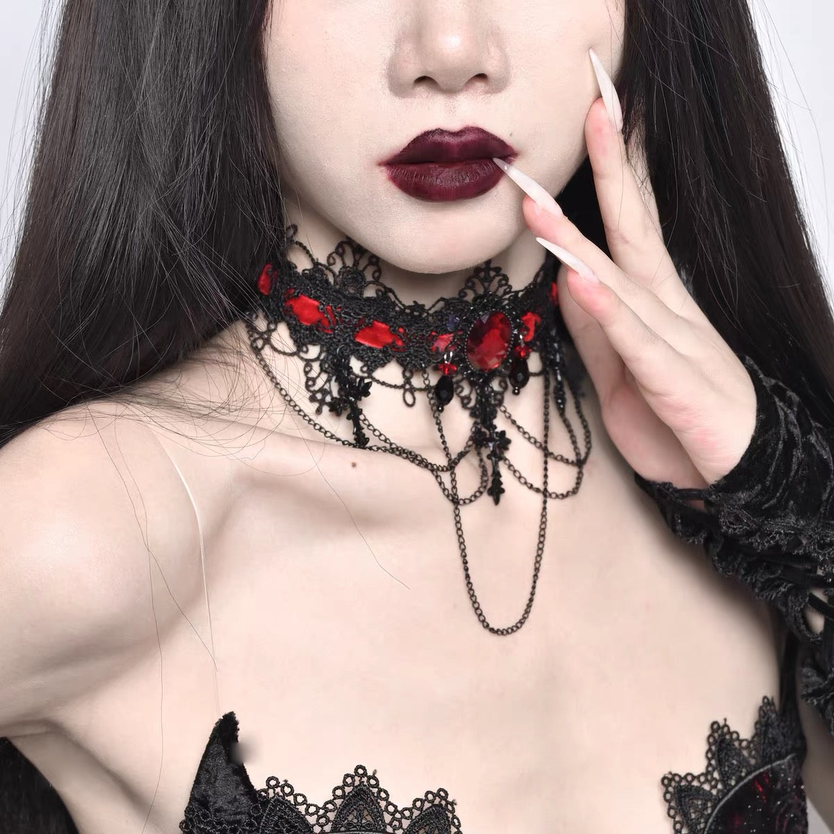 Black Red Gothic Velvet Cross Choker