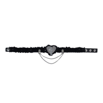 Rizznova Gothic Plush Heart & Cross Pendant PU Leather Choker Necklace