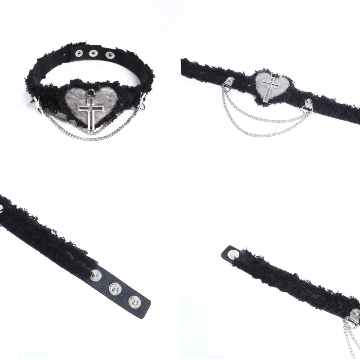 Rizznova Gothic Plush Heart & Cross Pendant PU Leather Choker Necklace