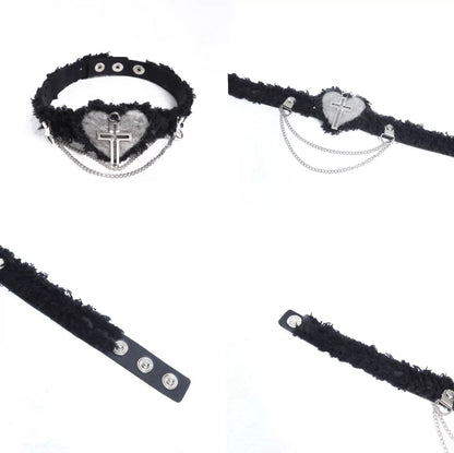 Rizznova Gothic Plush Heart & Cross Pendant PU Leather Choker Necklace