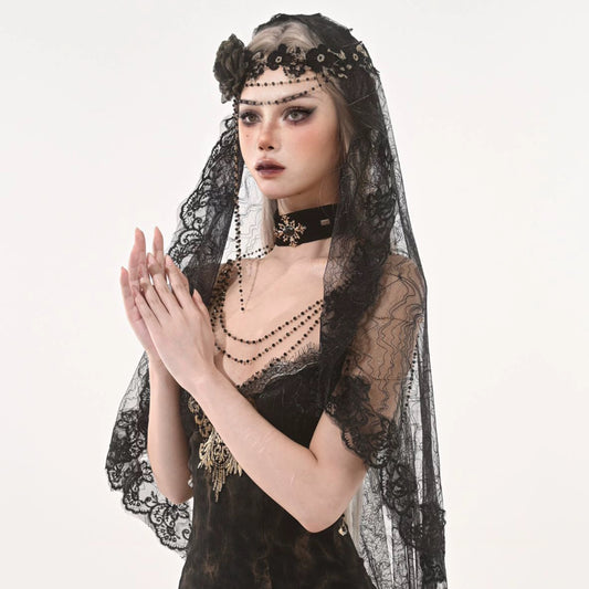 Rizznova Gothic Lace Mesh Veil Headpiece with Floral Design