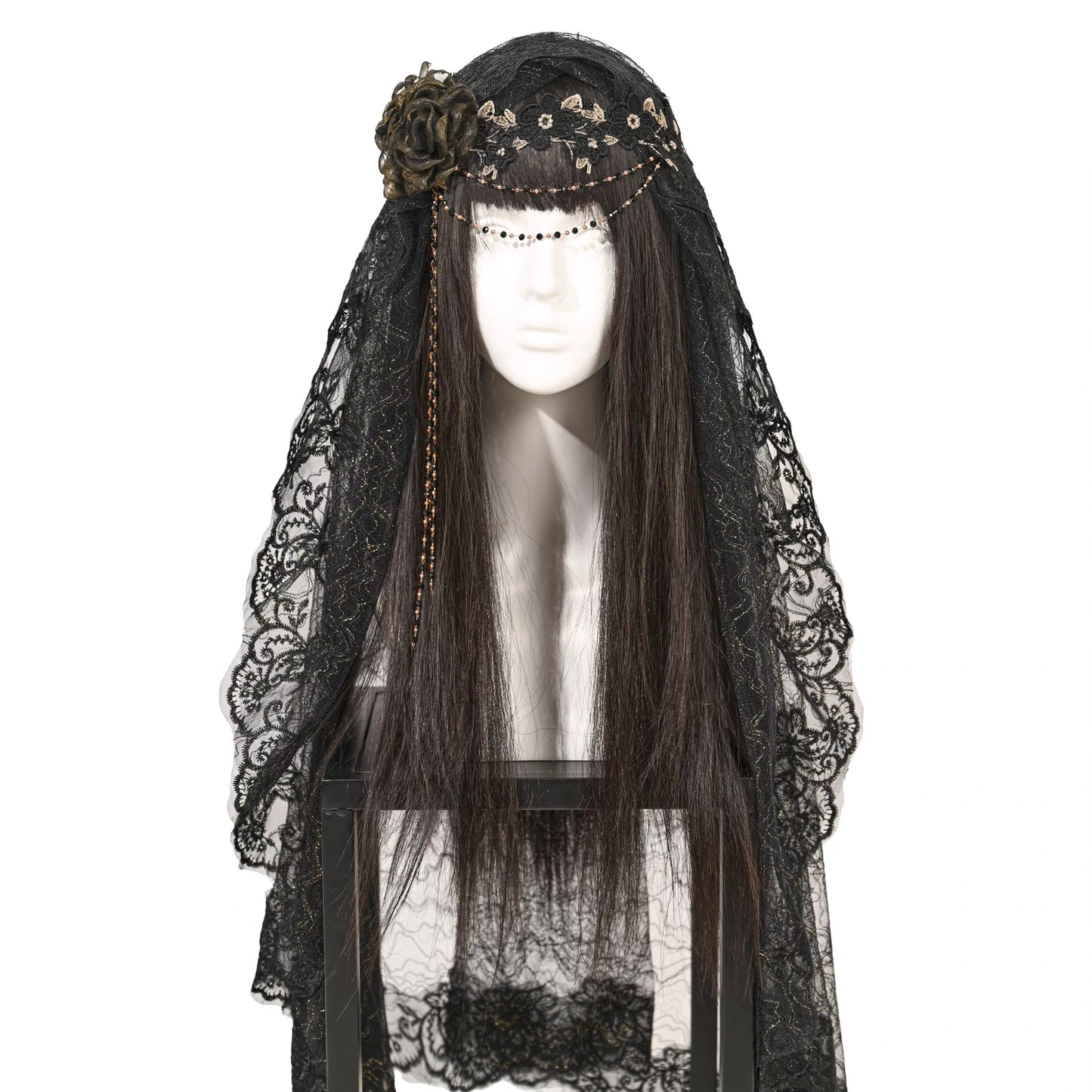 Rizznova Gothic Lace Mesh Veil Headpiece with Floral Design