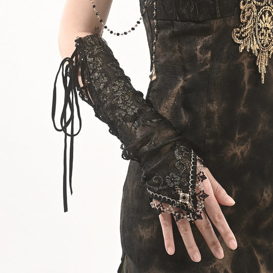 Rizznova Gothic Double-Layer Lace Cross Fingerless Gloves with Adjustable Straps